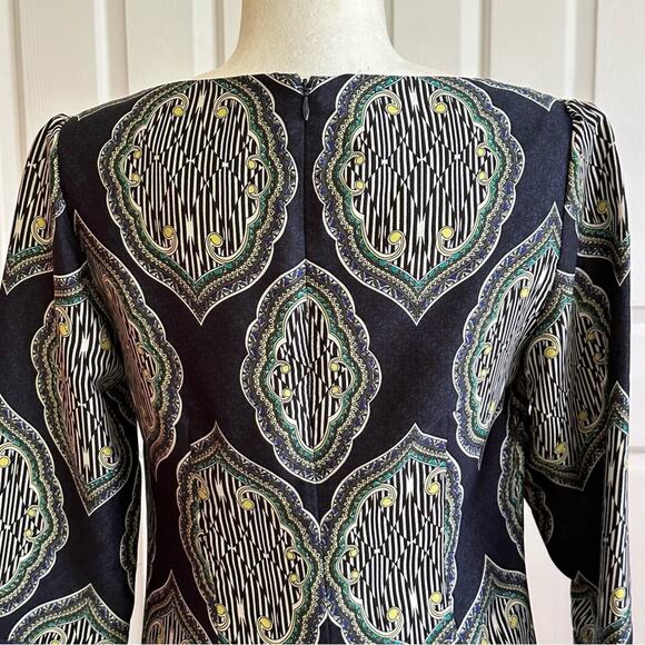 Laundry Shelli Segal Dress Blue Teal White Retro Print 3/4 Sleeve Shift Size 2 - Picture 6 of 12